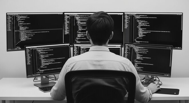 Programmer deep in focus, surrounded by multiple computer screens displaying lines of code in a dimly lit office setting.