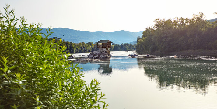 Small house on rock in river Drina, Serbia. Landscape, tourisam, landmark concept