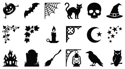 Fototapeta premium Halloween-themed icons set featuring bats, ghosts, jack-o'-lanterns, and witches for spooky greeting cards, banners, or