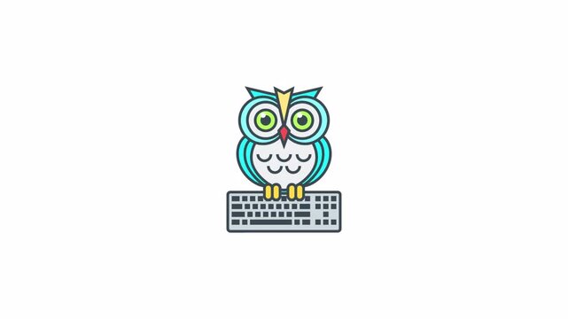 Colorful owl sitting on a computer keyboard animation.