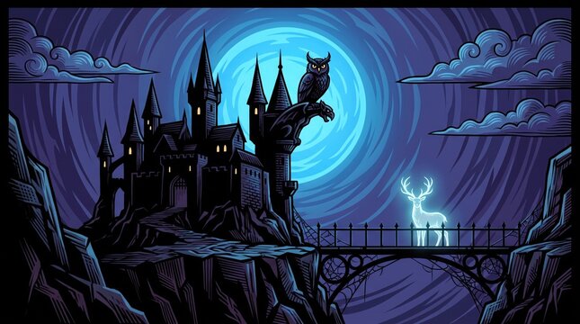Spooky gothic castle on cliff with owl silhouette and spirit deer under full moon night background