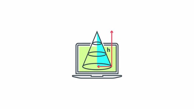 Educational animation showing cone height calculation on a laptop screen.