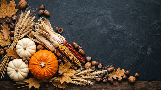 Autumnal harvest arrangement featuring pumpkins, corn, wheat, nuts, and leaves on a dark background, symbolizing fall bounty and Thanksgiving