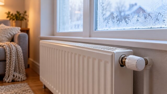 Warm Radiator and Valve Near Frosted Window in Winter Interior