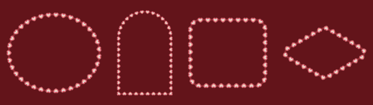 Pink cream lace borders with stitched connectors form oval, arch, rounded square plus diamond frames on deep burgundy as romantic crochet set for valentine cards or invitation layouts.
