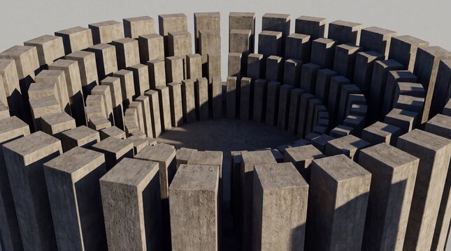 Circular stone pillars arrangement creates geometric concrete arena pattern for architectural design.