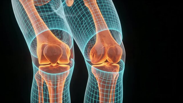 3D animation of a human knee joint with glowing orange bones and blue wireframe mesh on a black background.