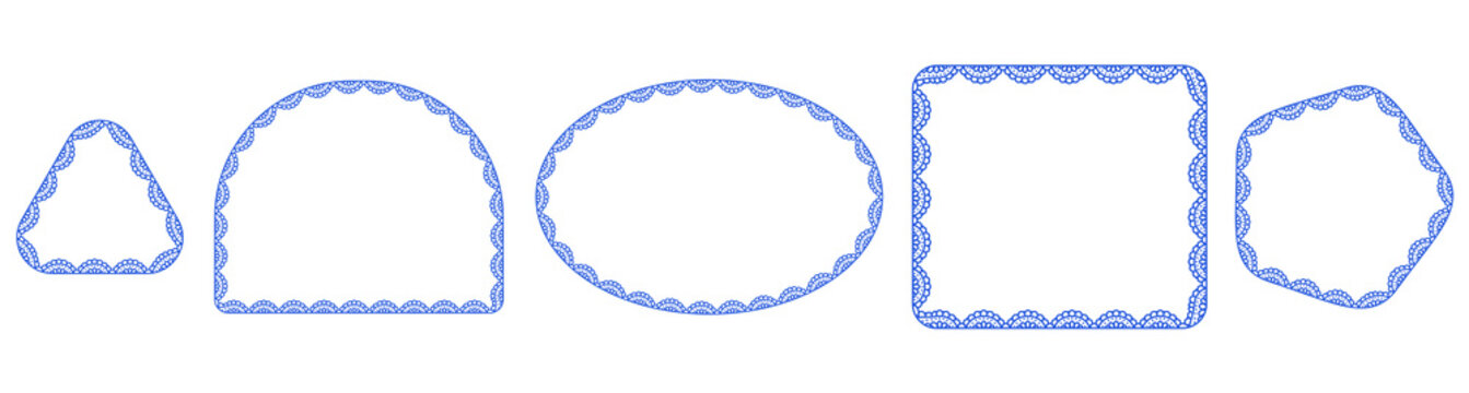 Periwinkle bold eyelet scallop lace borders outline triangle, arch, oval, square plus pentagon frames on white as classic vintage cutwork trim for wedding invitations or cottagecore craft labels.