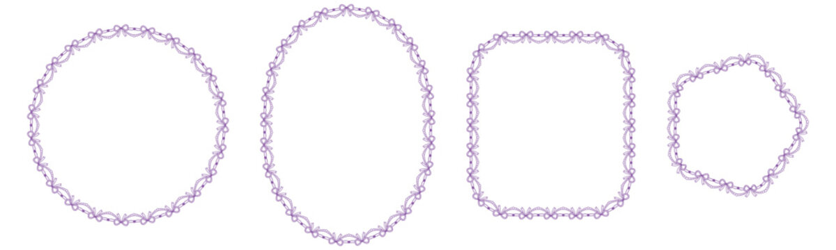 Lavender bow lace borders outline circle, oval, rounded rectangle plus wavy pentagon frames draped with pearl garland scallops as coquette decorative trim isolated on white for wedding labels.