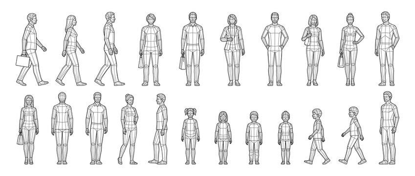 Architectural Human Scale Figures Diverse Outline Illustrations of People and Children, Isolated on Transparent background png for Design Projects