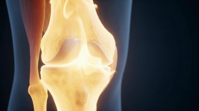 A detailed 3D medical illustration showing the anatomy of a human knee joint including the femur, tibia, and patella.