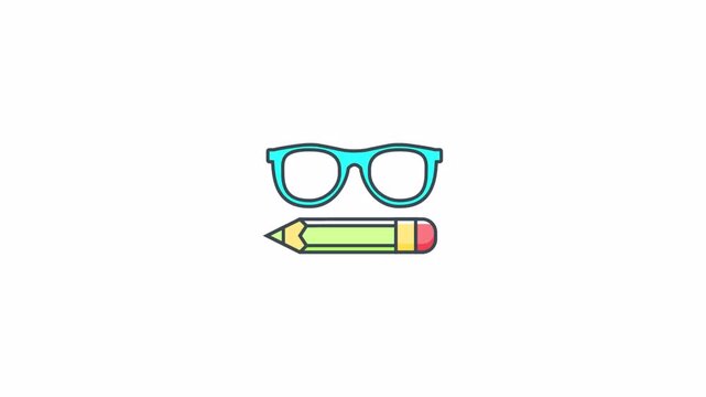 Minimalist flat icon of eyeglasses and a pencil on a clean white background.