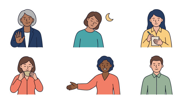Workplace self care vector set, diverse adults practicing boundaries, mindfulness and healthy work habits, flat illustration, set of 6