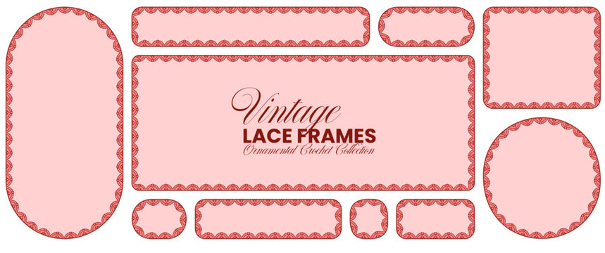 Pink pearl scallop lace frames outline circle, square, oval plus strip banner borders on maroon as ornate Victorian crochet trim for wedding stationery or romantic craft label cards.