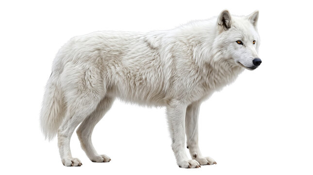 Majestic Arctic wolf standing isolated on white background, wild white wolf predator, polar wildlife photography