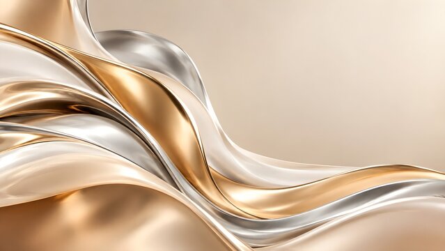 3d render of abstract gold, silver and beige metallic waves background