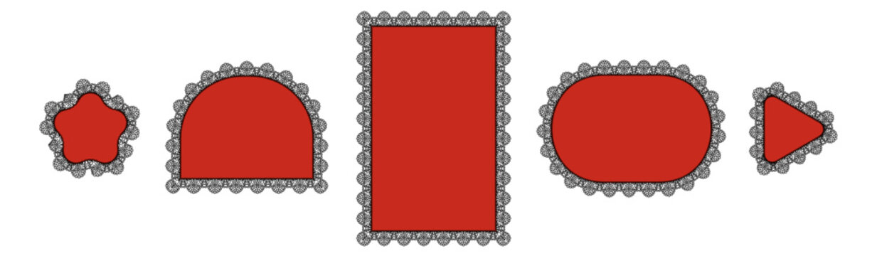 Black garden lace floral crochet borders wrap crimson star, arch, vertical rectangle, horizontal oval plus triangle frames on white as vintage textile trim set for wedding invitation labels or menus.