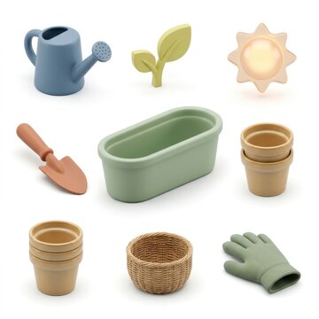 Miniature gardening tools collection with watering can, trowel, planter, pots, and gloves