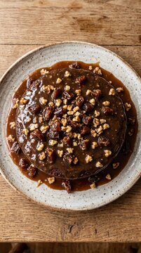 Warm sticky date pudding rich caramel sauce indulgent sweet tropical dessert rustic delight