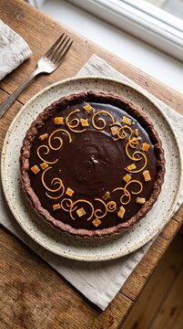 Elegant chocolate tart topped orange zest curls indulgent sweet tropical dessert rustic delight