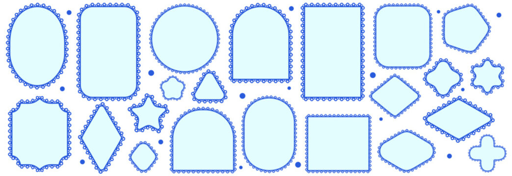 Royal broderie anglaise bubble eyelet lace frames shape circle, star, arch, hexagon, cross plus ornate plaque borders on pale sky fill as decorative cutwork set for wedding labels or craft stationery.