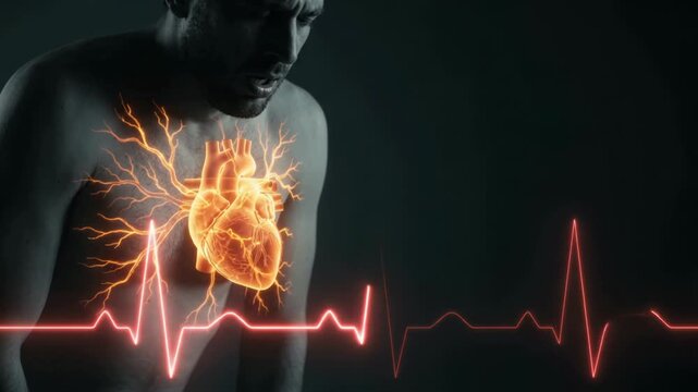 Side view of a man experiencing chest pain with a 3D human heart animation overlay, depicting a heart attack or medical emergency.