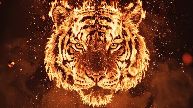 Fiery Tiger Face Exploding with Particles during Dramatic Cinematic Motion
