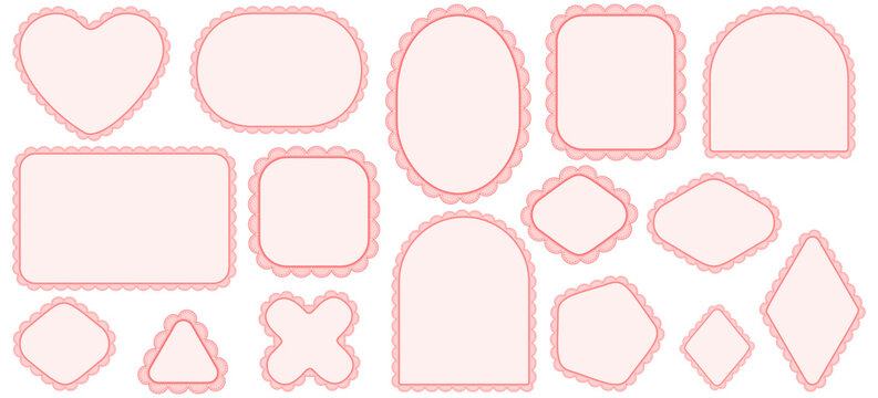 Pale pink dotted eyelet scallop lace borders outline heart, oval, arch, diamond, triangle plus quatrefoil frames on white as minimal vintage cutwork trim for wedding invitations or craft labels.