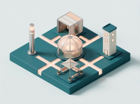 Modern isometric city block with architectural structures and glowing pathways