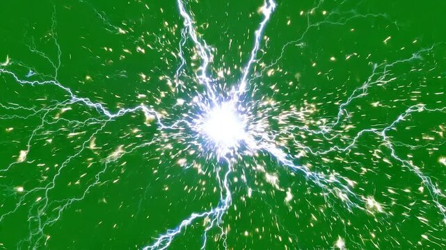 Luminous plasma sphere generating electric lightning and sparks. A powerful ball of pure energy pulsating on a green screen background