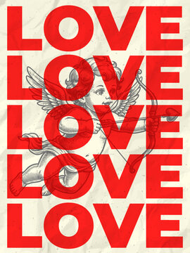 vintage Valentines Day poster. Retro trendy romantic poster with cupid, Coquette wedding banner