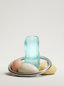 Smooth decorative stones in muted tones with a tall glass candle holder centerpiece