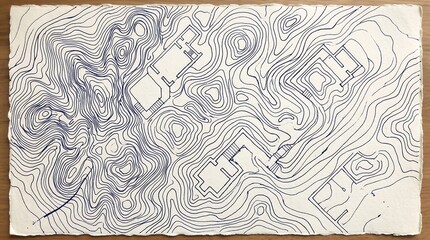 Fototapeta premium Blue ink contour line topographic map drawing on textured paper with architectural building shapes