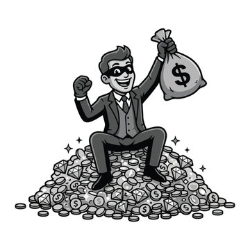 Masked thief businessman in suit sitting on money pile coins diamonds and bag.