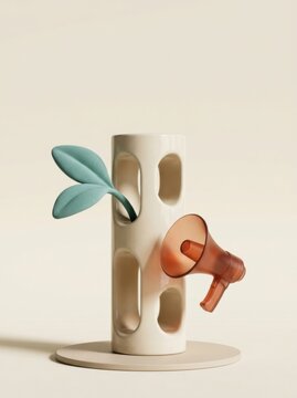 Plant sprout and megaphone with abstract ceramic sculpture representing environmental communication