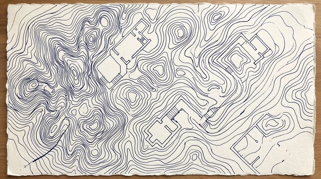 Blue ink contour line topographic map drawing on textured paper with architectural building shapes