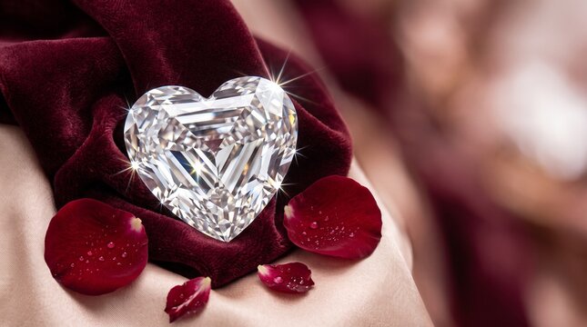 Heart Shaped Diamond with Rose Petals on Luxury Velvet and Silk Fabric. Macro shot of a large, sparkling heart-cut diamond gemstone surrounded by deep red rose petals with dew drops. The jewel 