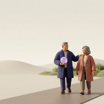 Two senior adults walk together on a desert path, symbolizing companionship and support