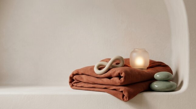 Candle, towel, and stacked stones creating a serene spa atmosphere for relaxation