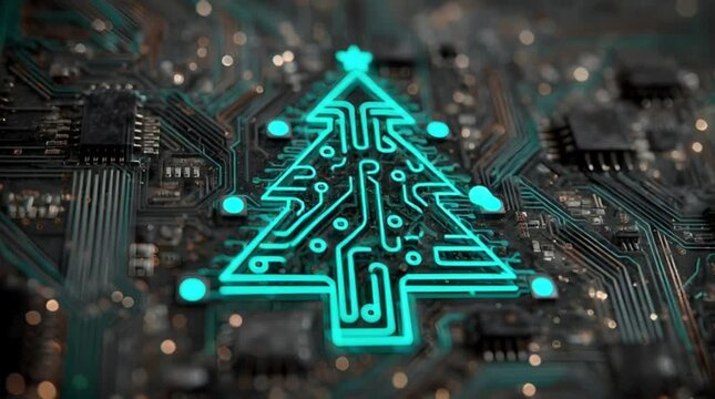 Illuminated cyan neon Christmas tree with internal circuit pattern glowing on printed circuit board background for tech holiday concept (AI Generated)