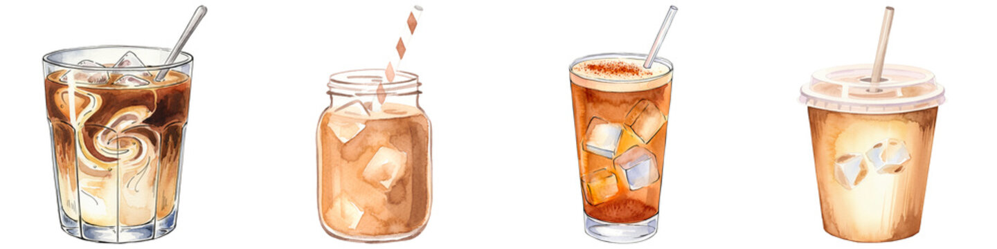 Watercolor iced coffee drinks with pumpkin spice latte and mason jar