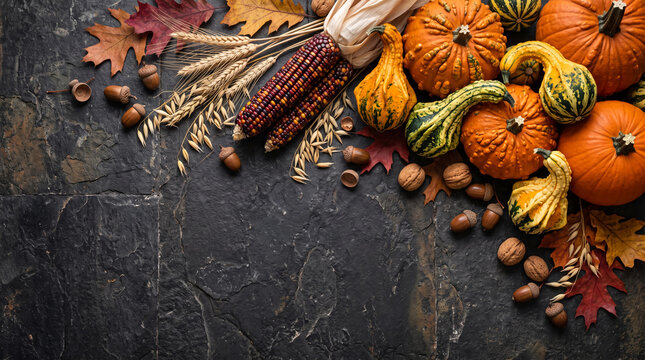 Autumnal display of pumpkins, corn, wheat, leaves, acorns, and nuts on a dark stone surface, representing harvest and seasonal bounty, with free space.
