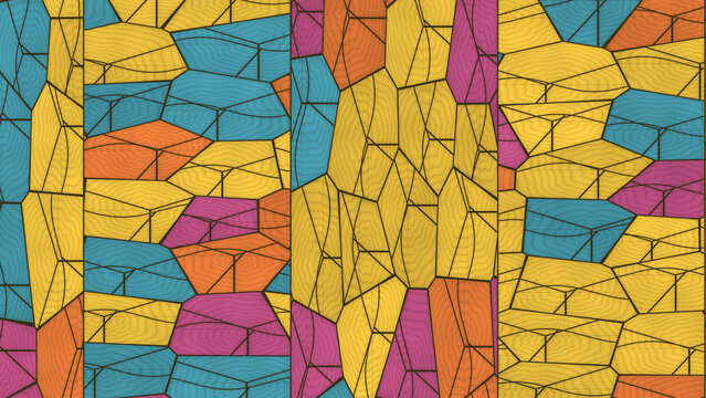 Colorful geometric mosaic pattern with wood texture