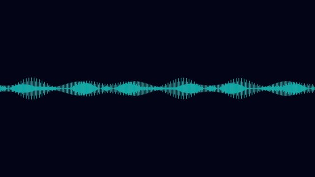 Cyan digital audio waveform line on dark background, sound wave frequency illustration