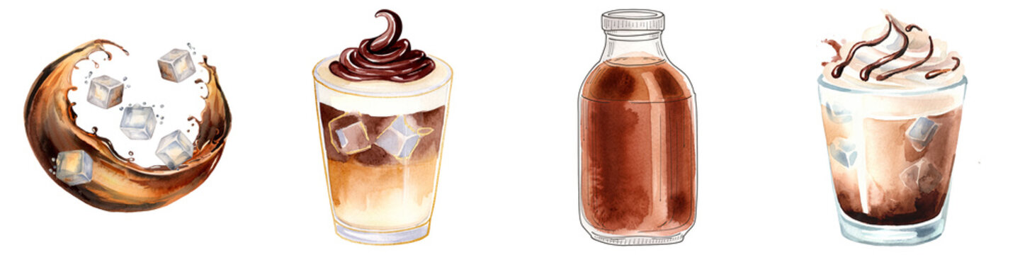 Iced coffee splash illustration with mocha swirl and cold brew bottle
