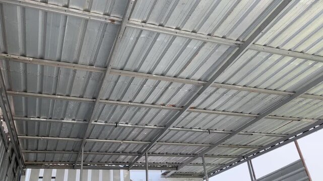 Low angle view of modern galvalume roof with mild steel framework