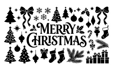Festive black silhouette christmas design with trees ornaments and holiday greetings © ALO