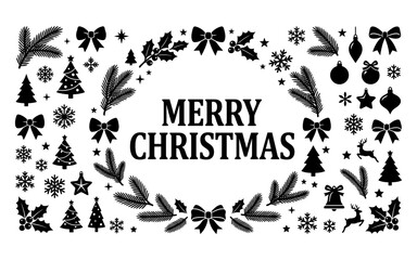 Festive black and white christmas design with ornaments trees and holiday greetings © ALO