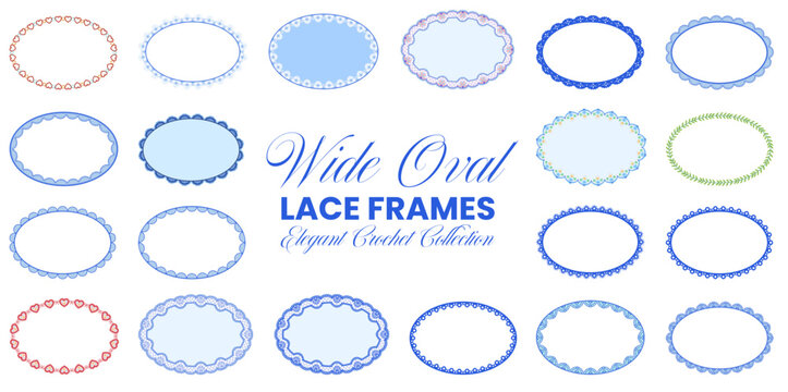 Wide oval lace frame set in blue, red, green with scalloped crochet borders, heart chains, leafy wreath trims on white background for wedding invitations, craft cards, printable stationery labels.