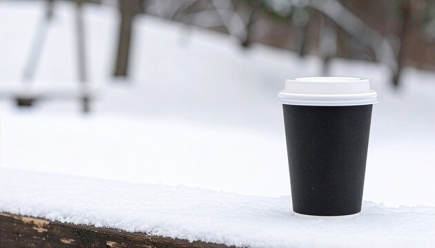 Unbranded black paper coffee cup on snow covered wooden railing in winter park